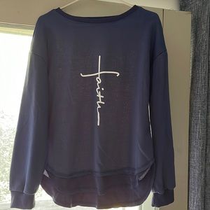 Super cute blue faith sweatshirt in size large, no flaws, poles, or tears